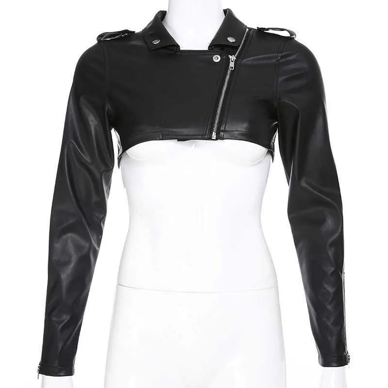 Iamty Black PU Lederen Crop Jacket Street Wear Punk Style Womens Jassen Lange Mouwen Turn-Down Rits Short Fashion 211014