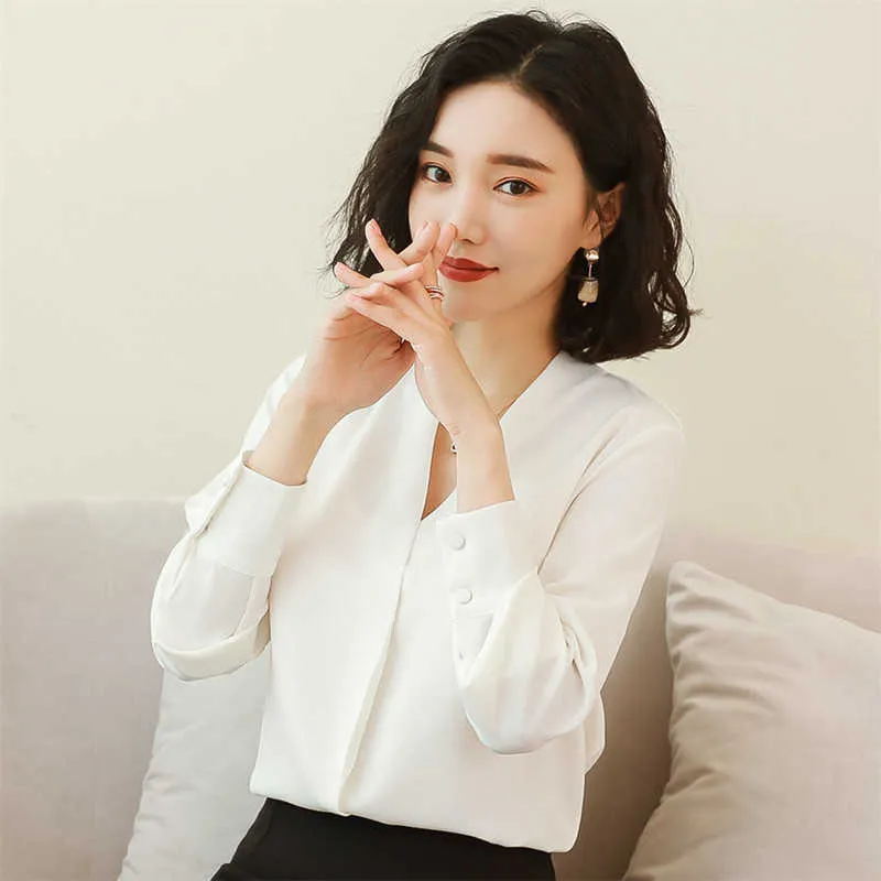 Koreansk mode Chiffon Blouse Shirt Elegant Kvinnor Långärmad Blusar Kvinna V-Neck Vit Ol Plus Storlek Blusas Mujer de MODA 210531