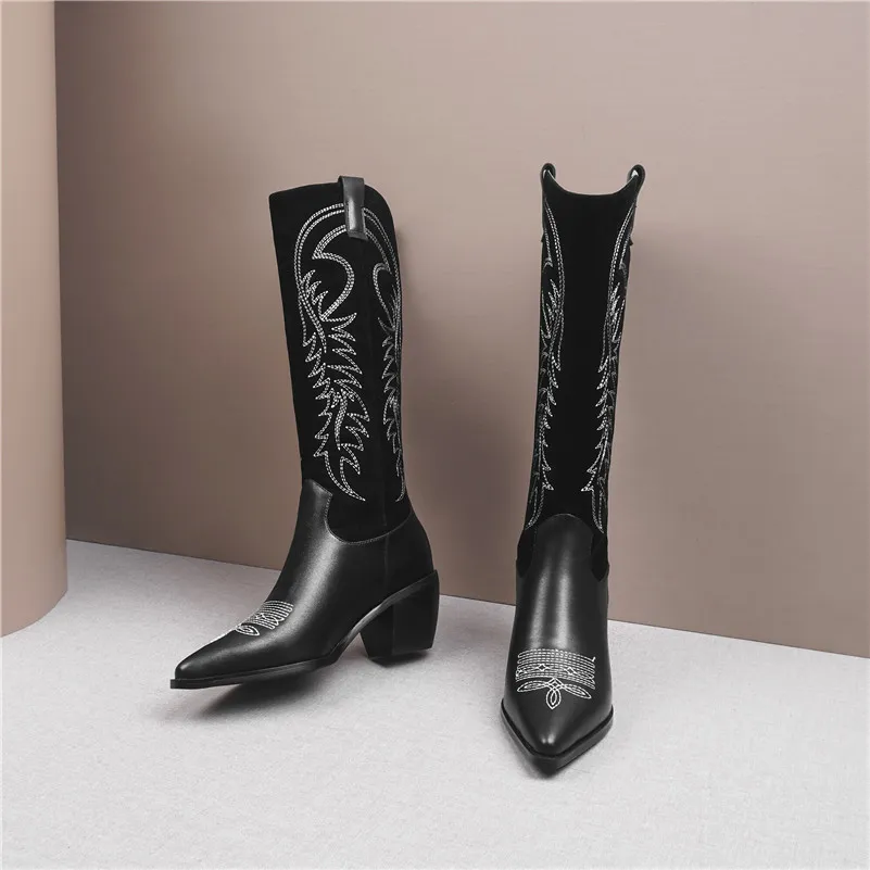 Winter Knee High Boots Women Mixed Colors Thick Heel Western Embroider Pointed Toe Shoes Lady Fall Size 3446 210517