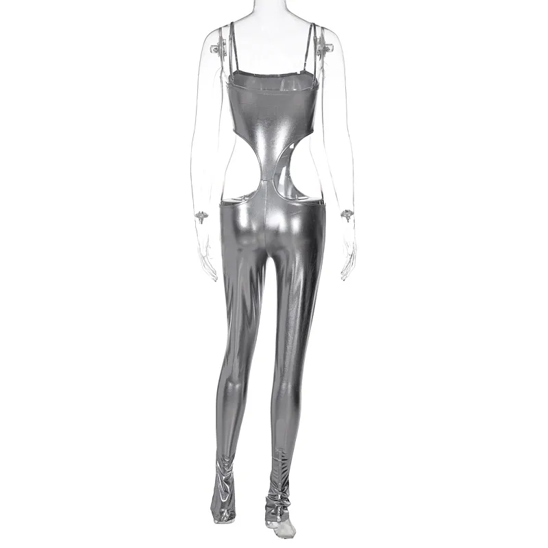 Y2k vrouwen holografische riem jumpsuit holle spleet bodycon sexy cosplay e-girl outfits party club goth kleding zomer 210517