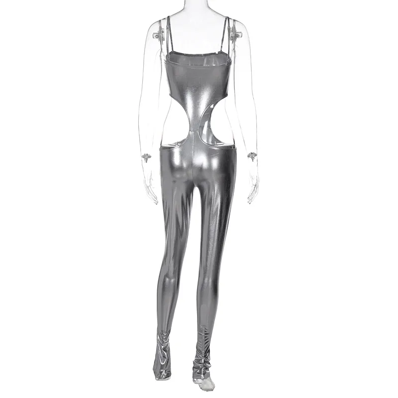 Y2K Women Holographic Strap Jumpsuit Hollow Out Slit Bodycon Sexy Cosplay E-girl Outfits Party Club Goth Clothes Summer 210517