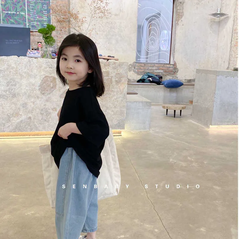Bärenführer Mädchen Frühling Herbst Jeans Sommer Mode Koreanischen Stil Kinder Baby Einfarbig Hosen Beiläufige Gerade Hosen 210708