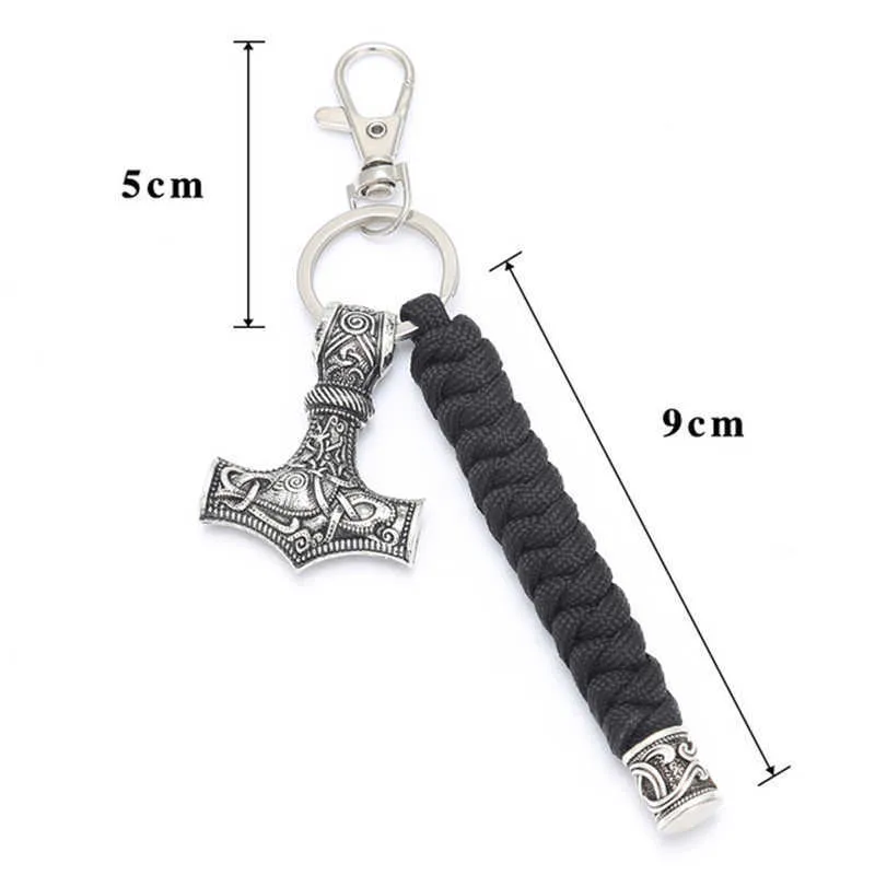 Vintage fait à la main porte-clés Viking Rune marteau voiture porte-clés Mjolnir extérieur alpinisme survie tressé corde hommes nordique bijoux G1019