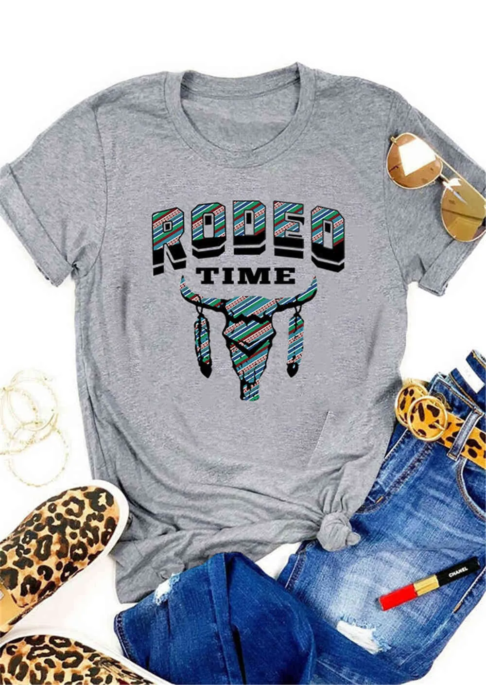 RODEO TIME Bull Head Print Harajuku T-shirt Femmes À Manches Courtes Vintage T-shirts Mignon Graphique D'été Tops Femme Vogue T-Shirt 210401