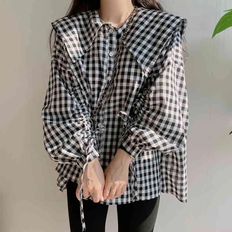 Qooth Black White Plaid Retro Shirt Single Breasted Loose Puff Sleeve Shirt Drawstring Style Pull-Down Collar Womens Tops QT586 210518