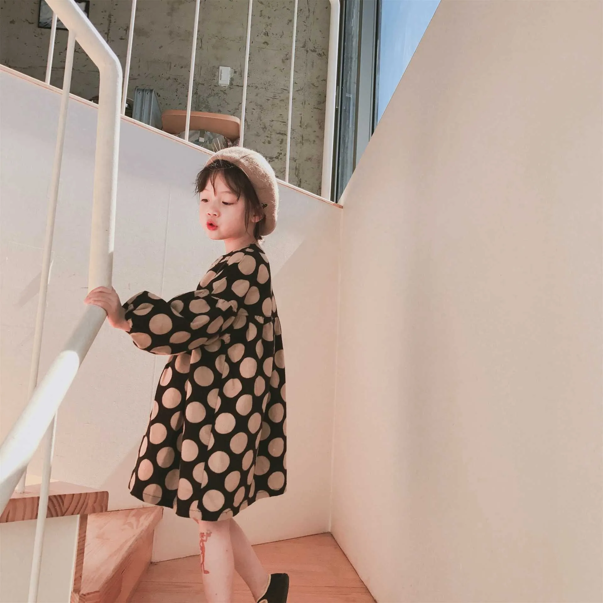 Herbst Koreanischen Stil Mode Mädchen Langarm Dot Gedruckt Kleider 100% Baumwolle Laterne Hülse Casual Kleid Kinder Kleidung Q0716