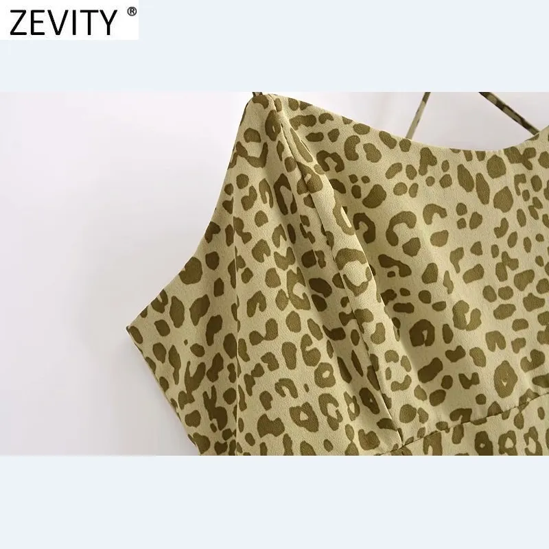 Zevity Women Sexy Leopardプリント裾のフリルスリングミニドレス女性シックサイドジッパーヴェスティド夏のビーチドレスDS8321 210419