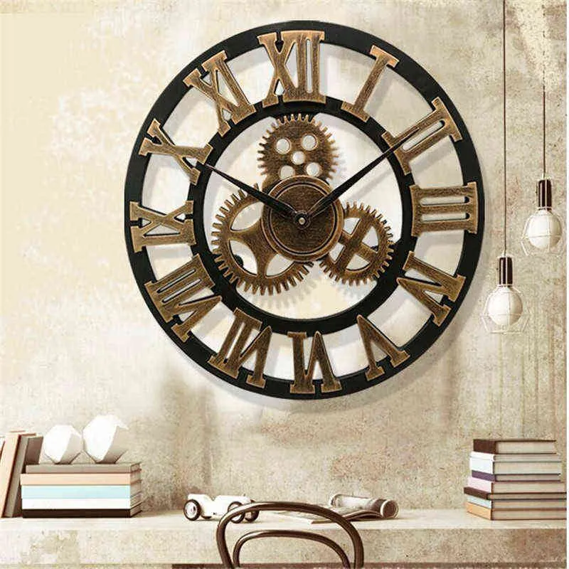 Handmade 3D large vintage quartz wall clock watch decor for living room silent watch wall clock big gear wooden wanduhr klok (6)
