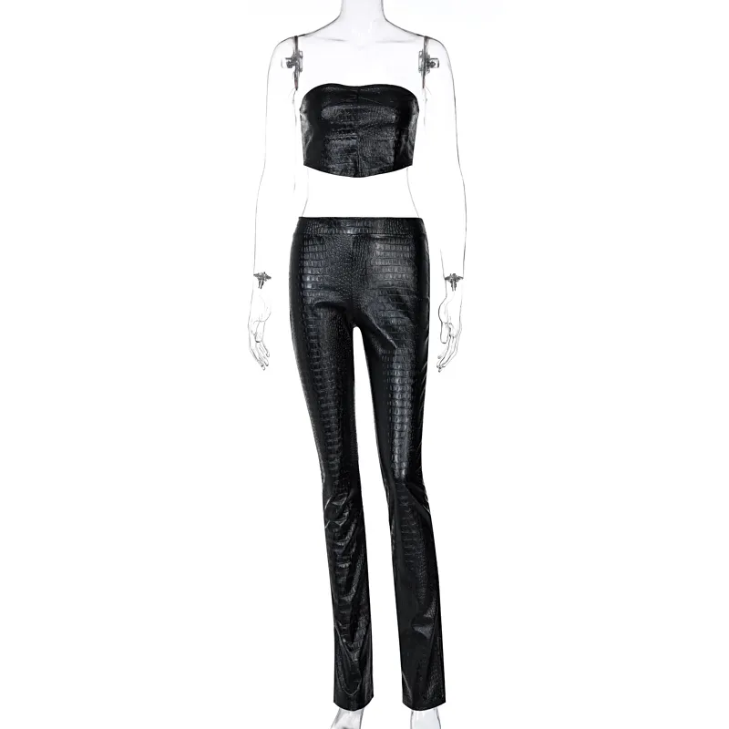 Femmes Sexy Sans Manches Ruché En Cuir Pu Dos Nu Camisole Tube Top Jambe Large Pantalon 2 Pièce Ensemble Automne Hiver Y2K Vêtements Costumes 210517