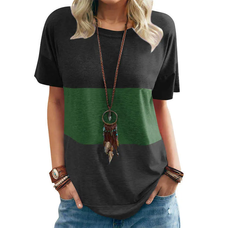 Femmes Summer Color Block Tops Tee Casual Manches courtes T-shirts Loose Top Pull Dames O-Cou Rayé Patchwork Tee Y0629