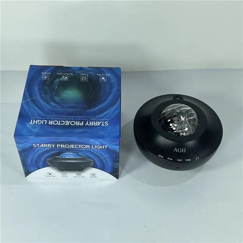 Projecteur de lumière étoile Décoration de fête Projecteurs Aurora Galaxy à intensité variable avec télécommande Bluetooth Haut-parleur de musique Plafond Starli218n