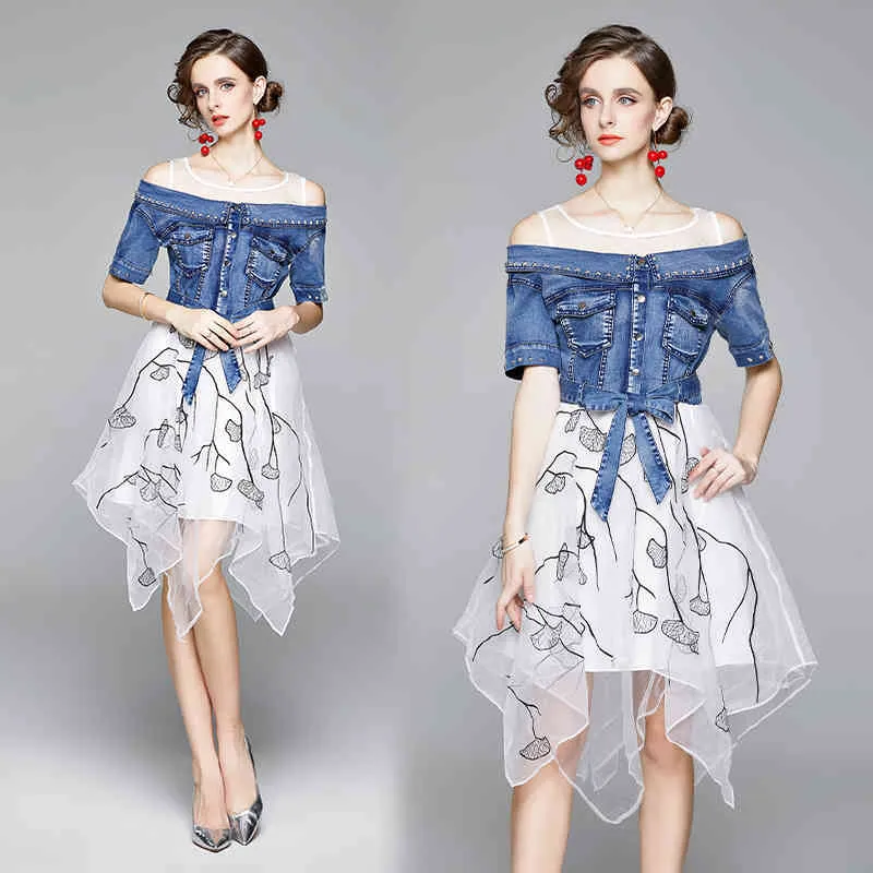 고품질 여름 여성 섹시 어깨 데님 패치 워크 Organza 복고풍 패션 비대칭 드레스 Vestidos 210518