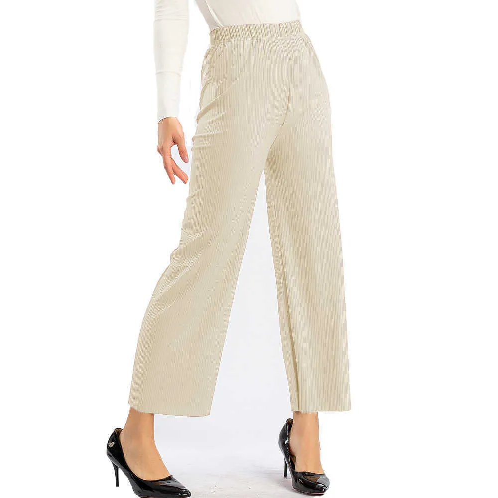 Nieuwe mode dames geplooide verzakking wijd-poot broek vrouwen broek casual elastiek wacht vaste broek p [lus maat meisje q0801