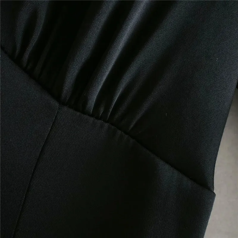 Mini abito in raso nero Donna Inverno increspato Chic A Line Puff Manica lunga Donna Vintage Corto Elegante es 210519