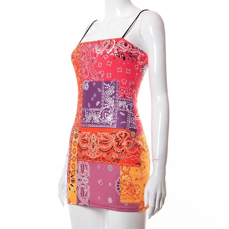 Spaghetti Strap Paisley Bodycon Sling Sling Dresses Midnight Clubwear para mulheres pacote de verão Mini Mini roupas de vestuário curto Y1006