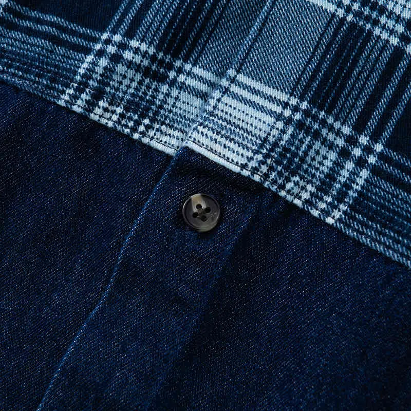 カウボーイパッチワーク半袖シャツ男性のための100％コットン格子縞ファッションカジュアルデニムシャツ夏の新しいステッチ服210421
