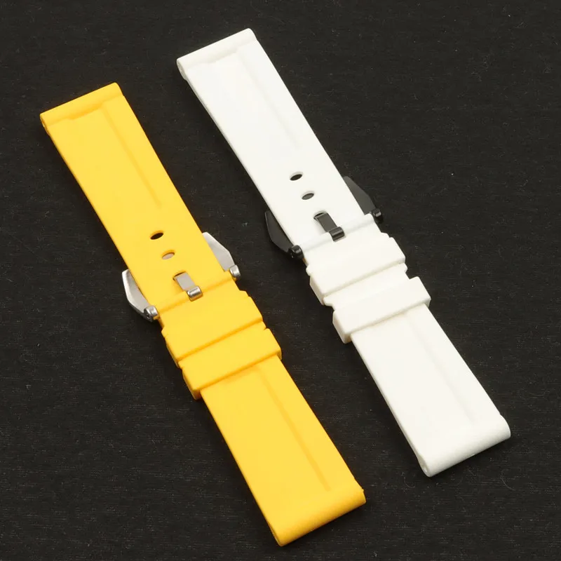 24mm 26mm Yellow White Silicone Rubber Watchband replacement For Panerai watch Strap Pin buckle Waterproof Watch accessories174N