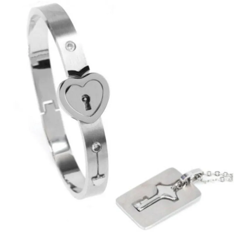 Couple Titanium Steel Lock Bangle Bracelet And Key Pendant Necklace Love Set Women Men Lovers Jewelry3311