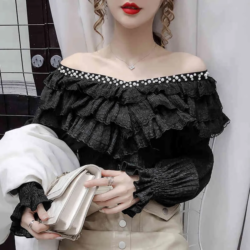 Spitze Plissee Rüschen Vintage Langarm Hemd Koreanische V-ausschnitt Elegante Frauen Bluse Femme Casual Weiß Damen Tops Mujer 12074 210512