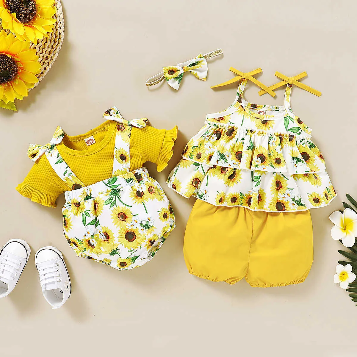 Baby Sunflower Outfit Korean Girl Ubrania Urodzone Dzianiny Bloomers Dzieci Dziewczyny Stroje 210529