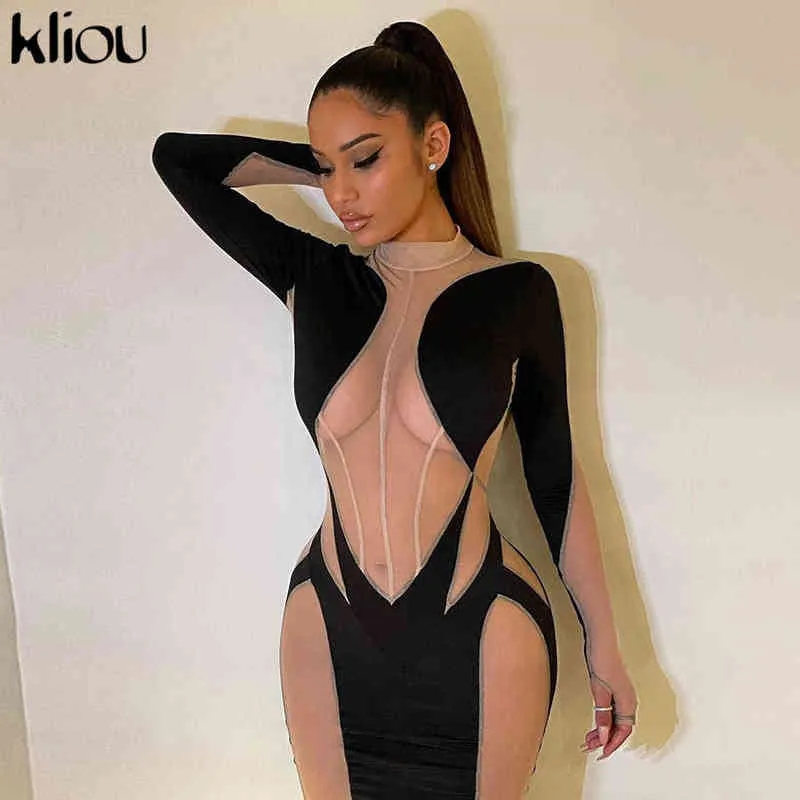 Kliou Sexy See Through Maxi Dress for Women Sheath Paisley Cleavage Long Sleeve Turtleneck Shaped Waist Clubwear Female Skirts Y1204