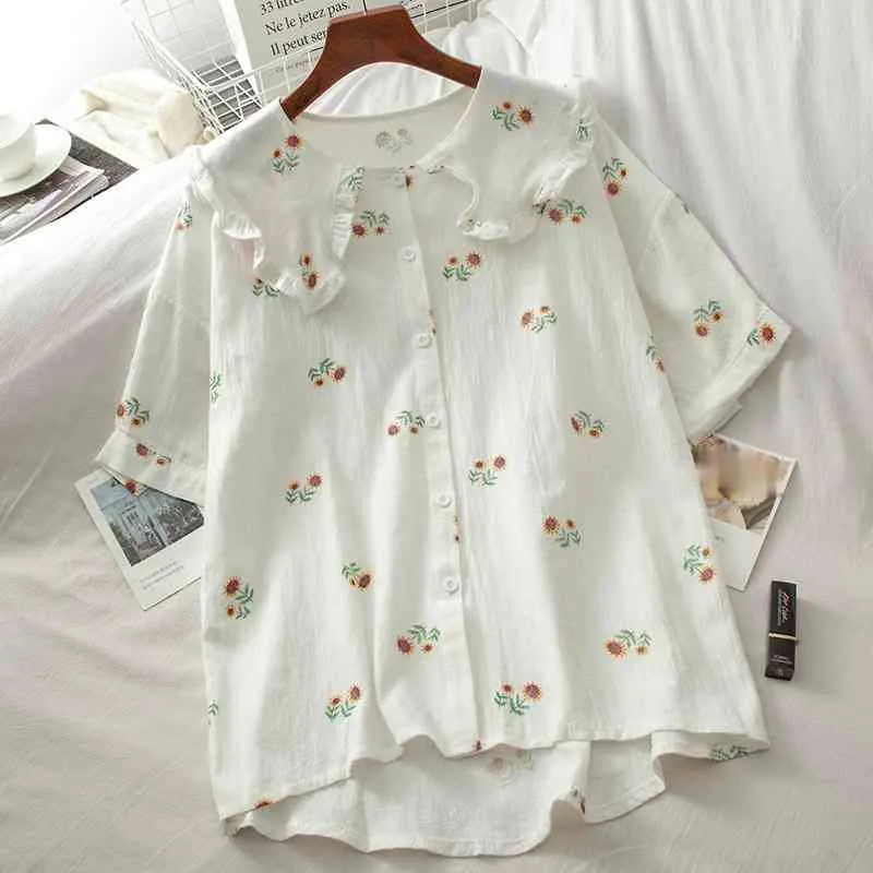 KIMUTOMO Vintage blouse Sweet Girls Peter Pan Collar Floral Borduurwerk Enkele Breasted Shirt Shirt Zomer Mode 210521