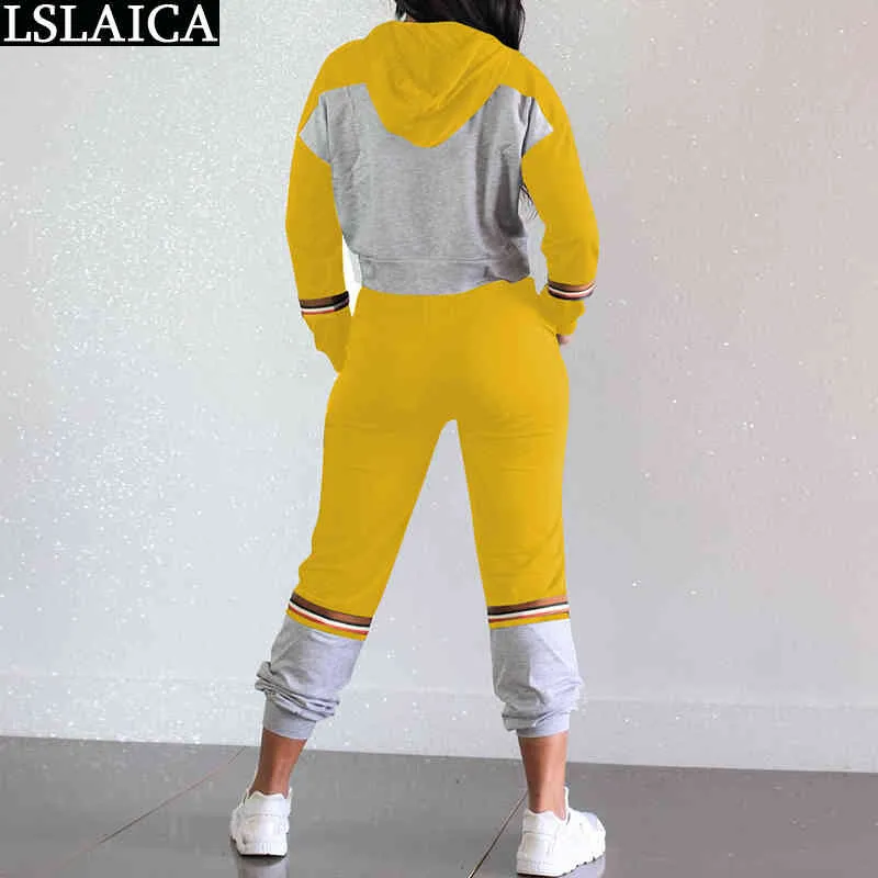 Jogging kostymer för kvinnor Colorblock Casual Hoodie Sweatshirtlong Pants Plus Size Outfits Streetwear Fashion Stick Two Piece Set 210520