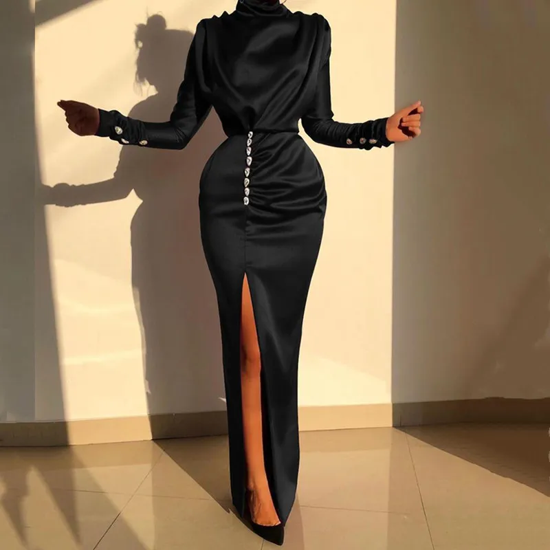 Sexy Splits Long Sleeve Maxi Dress High Neck Ruched Thigh Slit Evening Gown Satin Party es Femme Robe Vestido 210517