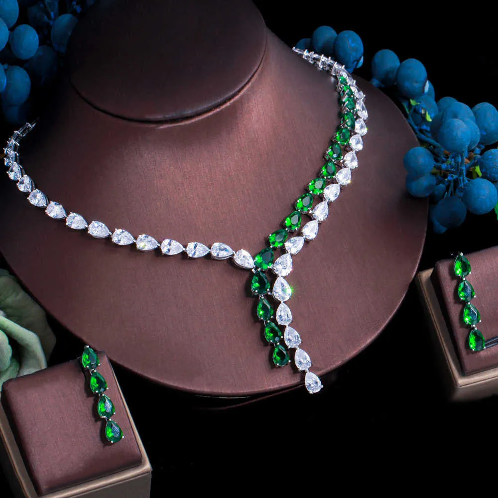 CWWZircons luxe vert cubique zircone goutte d'eau collier boucles d'oreilles ensembles de bijoux pour les mariées fête robe de mariée accessoires T544 H1022