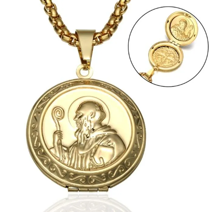 Pendentif Colliers Vintage Saint San Benito Médaille Or Acier inoxydable Peut ouvrir Po Cadre Pendentifs pour bijoux religieux220V