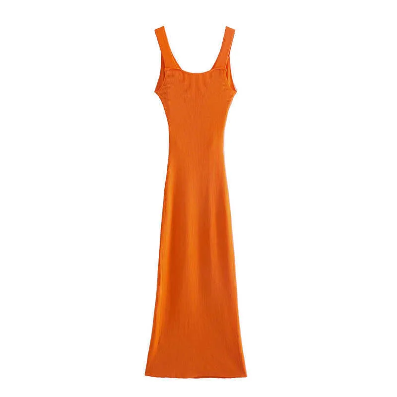 Vintage kvinnor orange stickade smala klänningar sommar mode damer hög midja midi dress party girls chic bodycon 210527