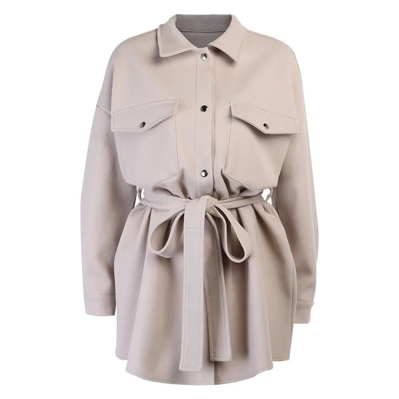 Vinter Ny stil Retro Sexig Fast Färg Långärmad Lapel Pocket Skjorta Jacka Chic Blouse Bälte Ladies Mode Shirt Skirt 210422