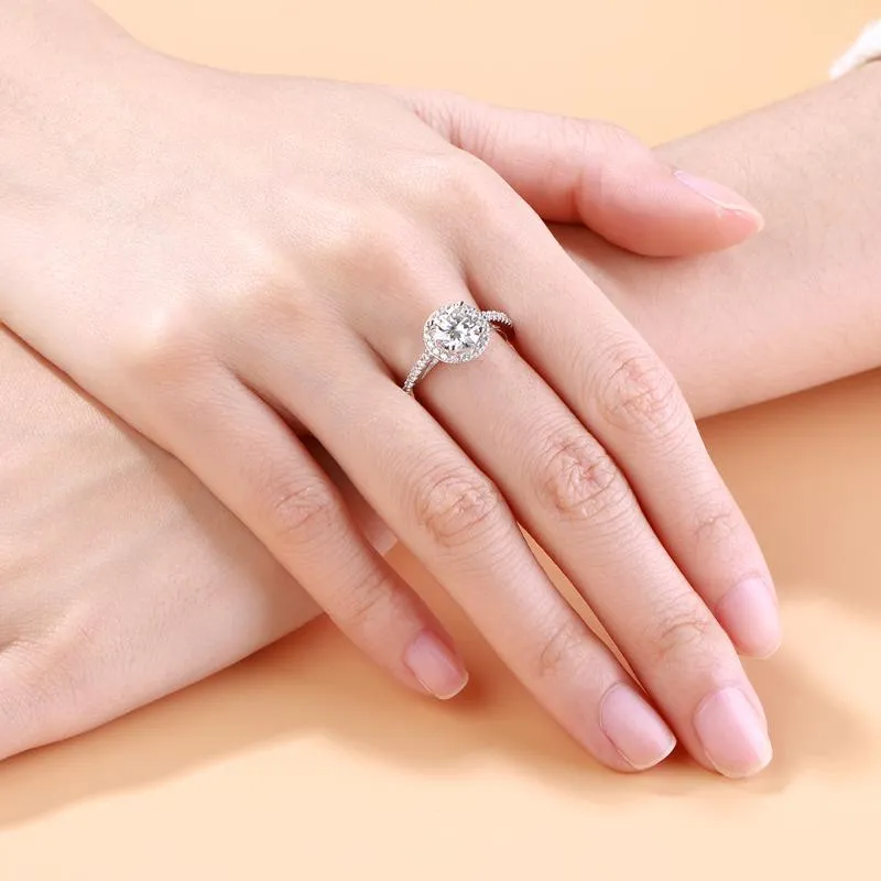 Anéis de cluster sólido 14k ouro branco petite halo moissanite anel de noivado para mulheres jóias de luxo com centro round209e