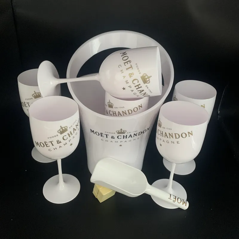 6 Glass 1 Ice Bucket 1Scoop Champagne Flutes Party Plastic Cups Cocktail Cup White Cabinet Akryl Vinglasskylare275J