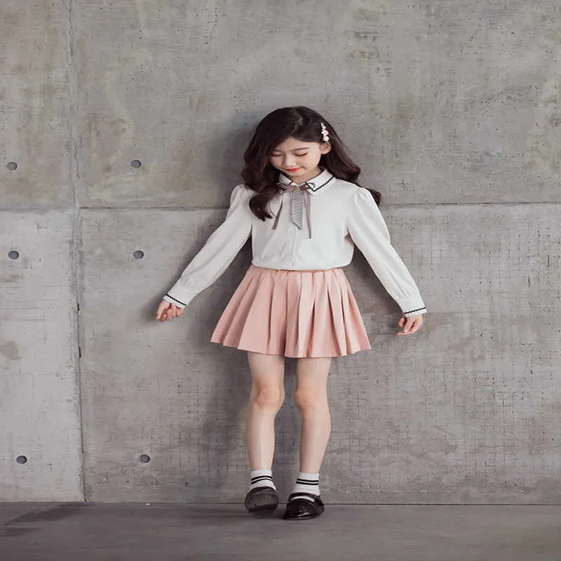 봄 한국어 스타일 십대 소녀 2-PCS 세트 흰색 셔츠 + 단단한 주름 치마 어린이 옷 E1362 210610