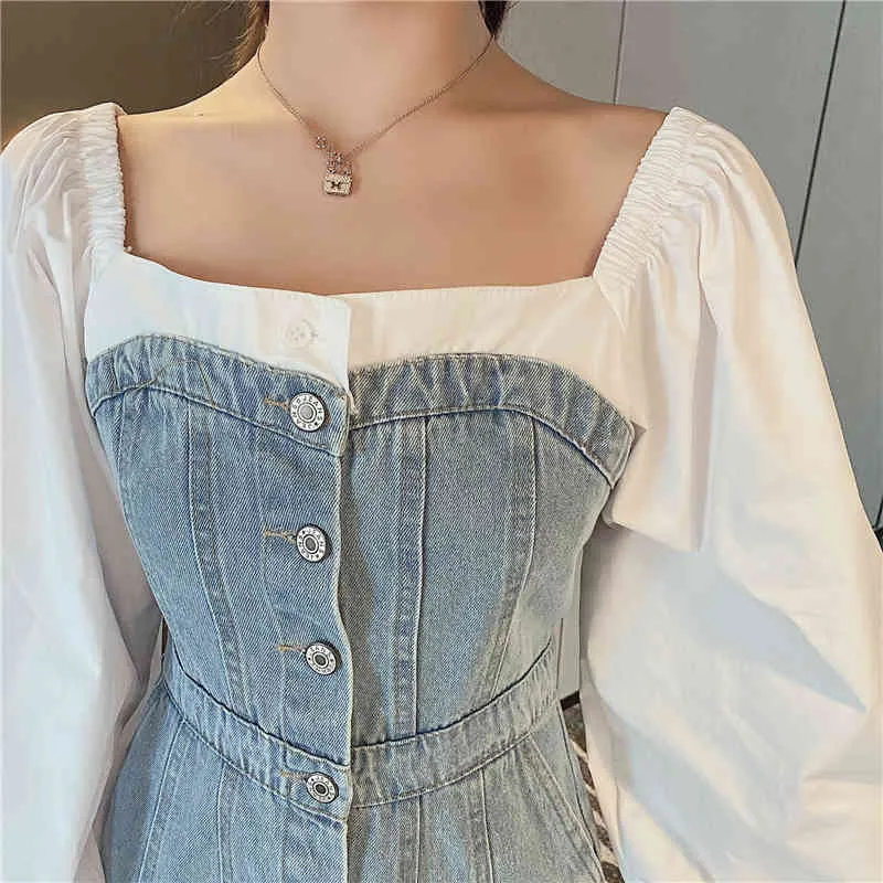 Vintage elegante vrouw lente zomer denim patchwork single-breasted lantern mouw hoge taille vierkante kraag een lijn jurken 210514