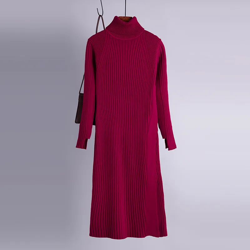 女性タートルネックニットドレス韓国スリム長袖弾性セータードレス秋冬厚い暖かいスプリットドレス210419