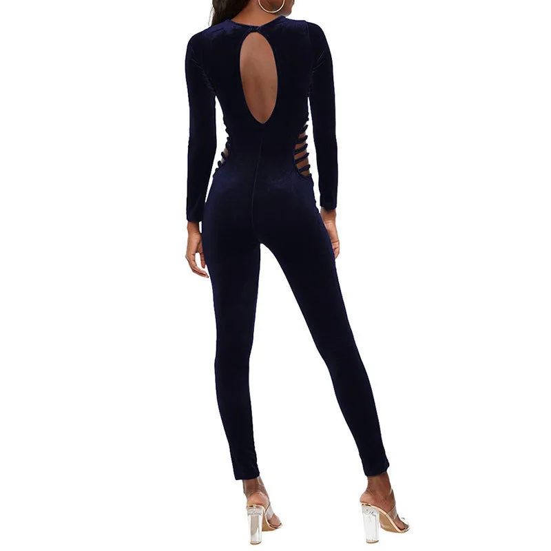 Herfst Winter Sexy Fluwelen Vrouwen Jumpsuit Elegante Partij Cut Out Taille Bodycon Playsuits Lange Mouw O Neck Body Overalls 210517