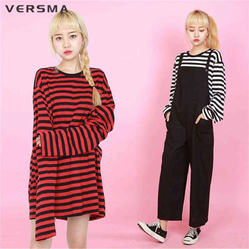 VERSMA Korean Ulzzang Harajuku GD Black White Striped T-shirt Men Women Unisex Loose Oversized Extra Long Sleeve Couple T Shirt H1223