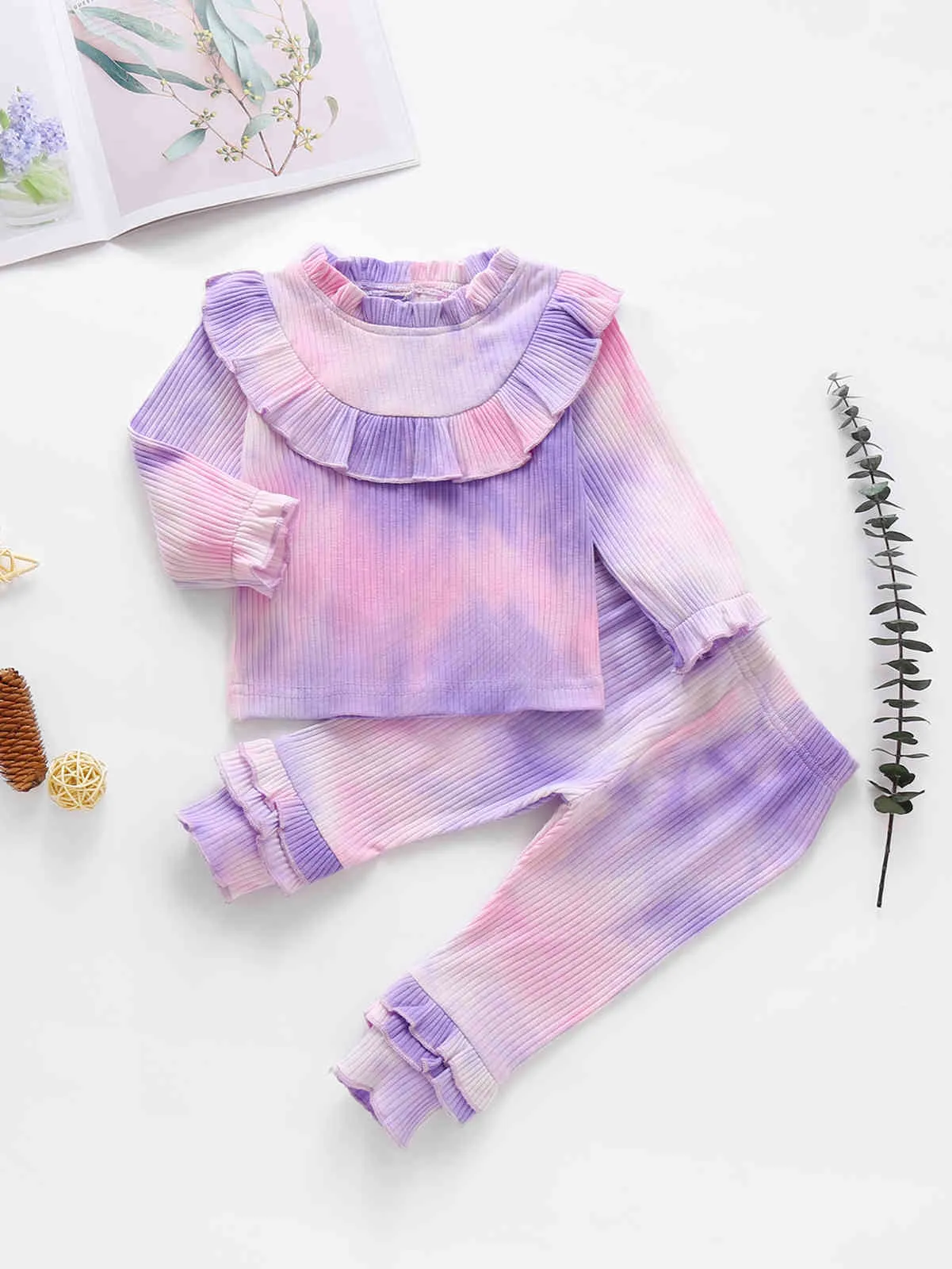 0-24M outono tintura tintura tintura bebê menina bebê roupas set ruffles de malha manga comprida suéteres calças roupas 210515