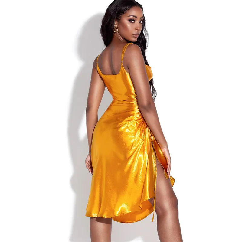 ISAROSE Summer Silk Dress Spaghetti Strap Solid Color Women Asymmetrical Side Slit Adjustable Lace Up Bodycon Slip Dresses 210422