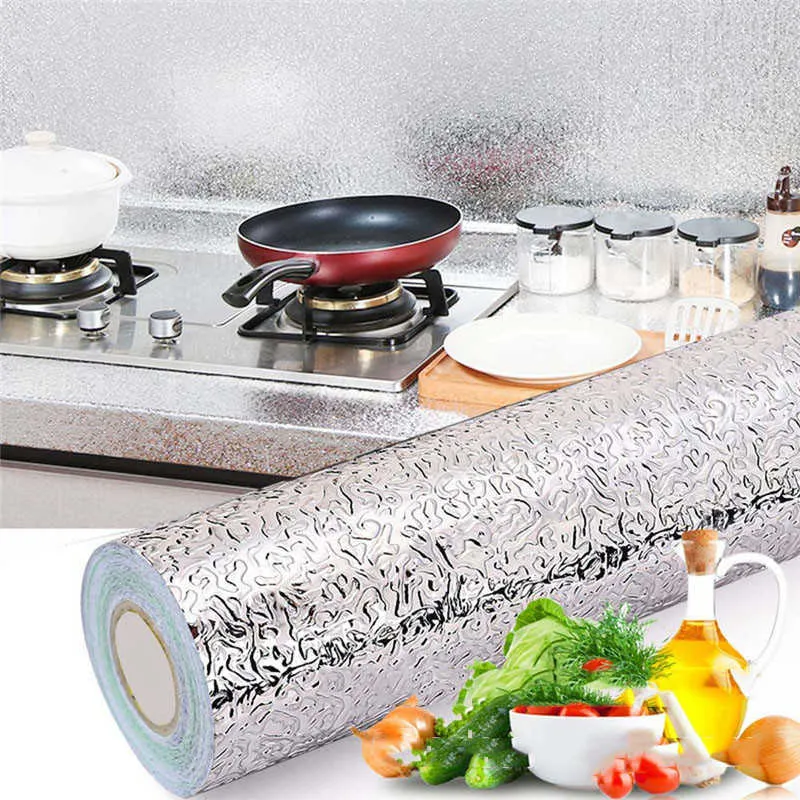 10 m DIY Nanofilm voor keuken muurstickers aluminiumfolie stickers fornuis kast olie-proof waterdicht zelfklevend behang 210705