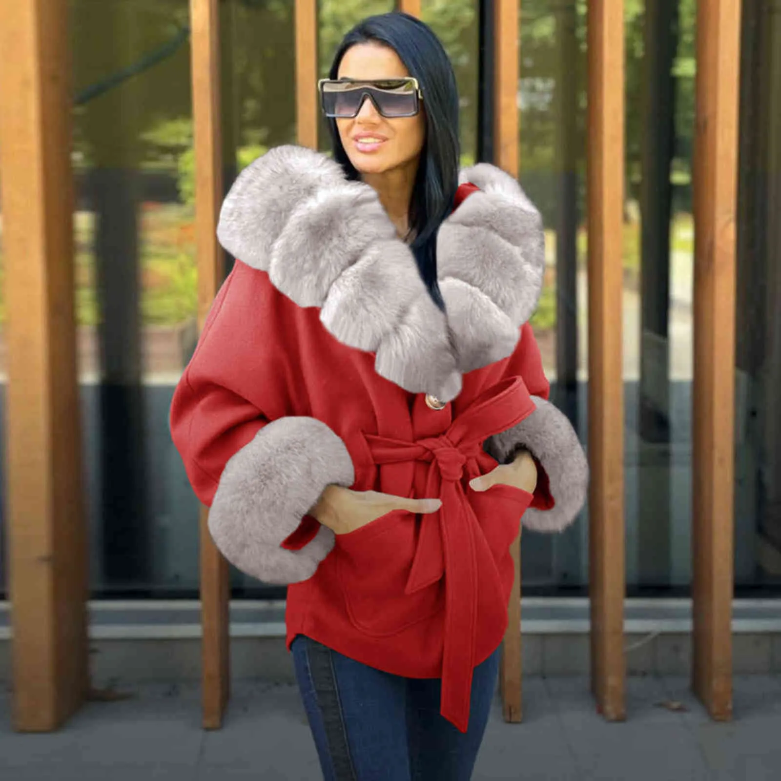 Jaqueta de couro de inverno costura gola de pele do falso manguito casaco feminino fino elegante quente grosso com cinto feminino 2111057942882