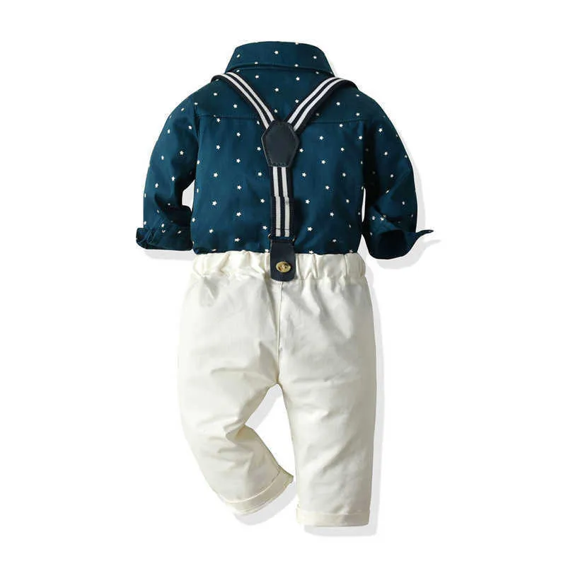 ベアリーダー男の子服スーツ秋の少年ファッションTシャツとサスペンダーのズボン衣装紳士ベイビーボウタイ服セット210708