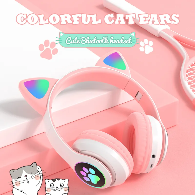 Factory Outlet Flash Light Cute Cat Ears Bluetooth Wireless Headphones with Mic Can control LED Kid Girl Stereo Music Helmet Phone4916970