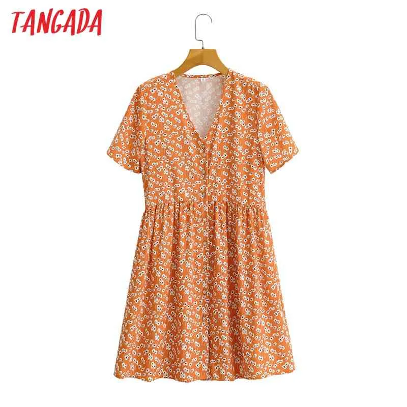 Angada Donna Arancione Stampa floreale Estate Scollo a V Manica corta Donna Mini abito allentato Abiti SY269 210416