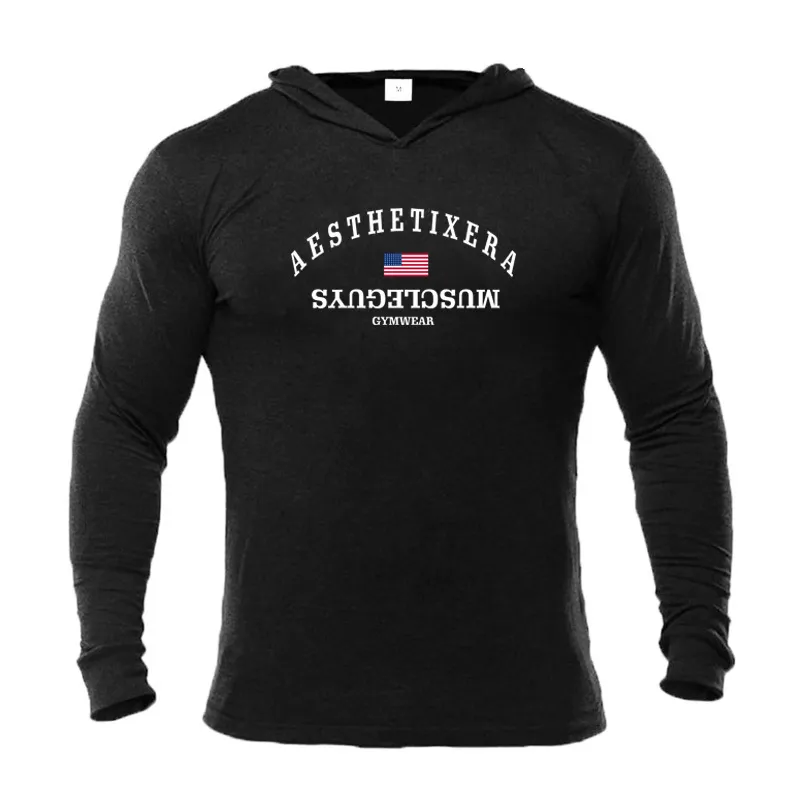 Muscleguys Autumn New Long Sleeve T-shirt Men Gym Clothing Sportswear Hoodies Cotton Bodybuilding and Fitness Tshirt Plus Size 210421