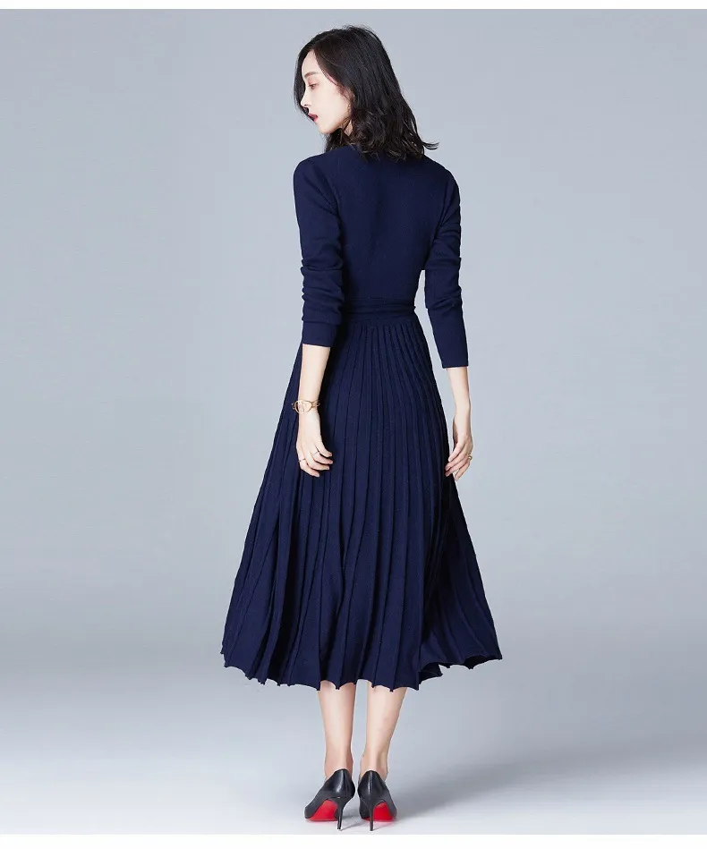 Outono inverno elegante vestido de malha para mulheres manga comprida lace up v-pescoço senhoras vestidos plissados ​​coreanos 210513