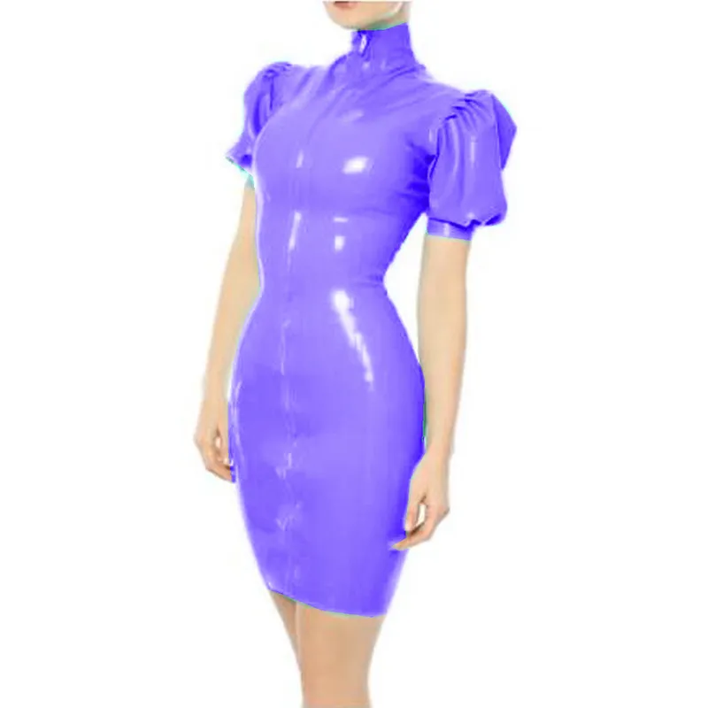 Plus Storlek Sexig High Neck PVC Mini Dress Kvinnor Kort Puff Sleeve Bodycon Dress Fashion Skinny Vestido Wet Look Party Clubwear 210331