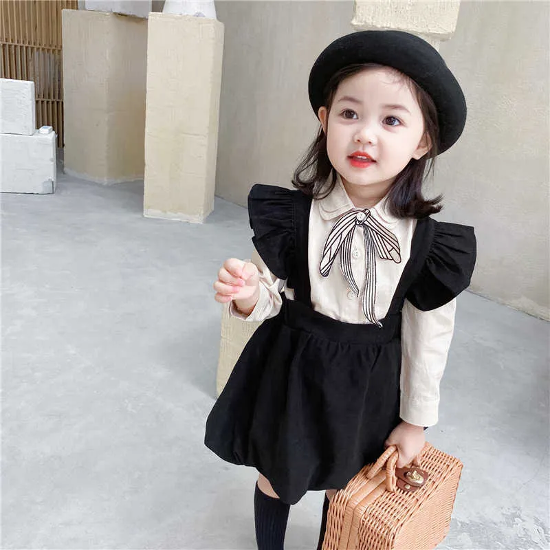 Partihandel Vår Koreanska stil Babyflickor 2-st uppsättningar bomull Lös tröja + Ruffles Corduroy Pumpkin kjol E8025 210610